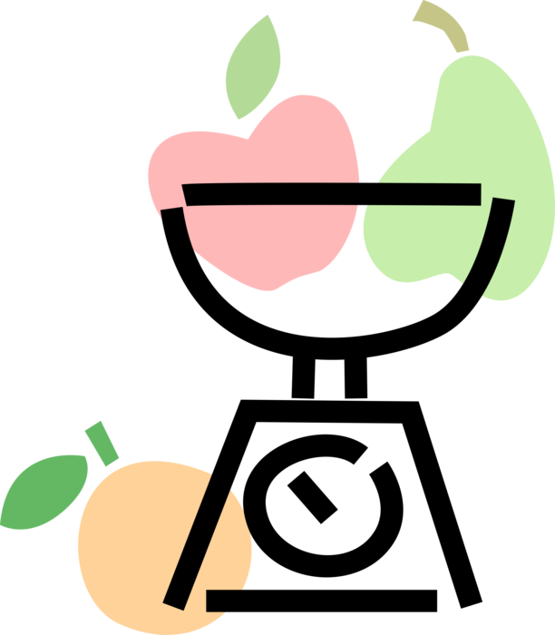 Vector Illustration of Kitchen Food Scale with Apples, Pears & Orange Fruit