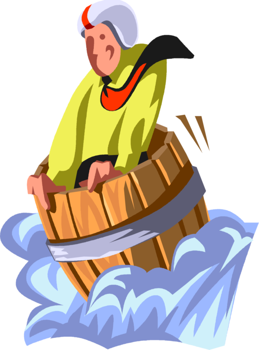 Vector Illustration of Daredevil Risk-Taking Businessman Fool Goes Over Niagara Falls in Barrel