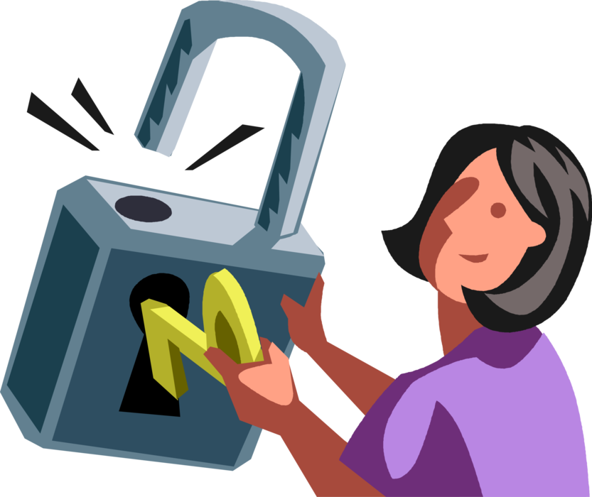 Vector Illustration of Businesswoman Unlocks Padlock Lock with Security Key