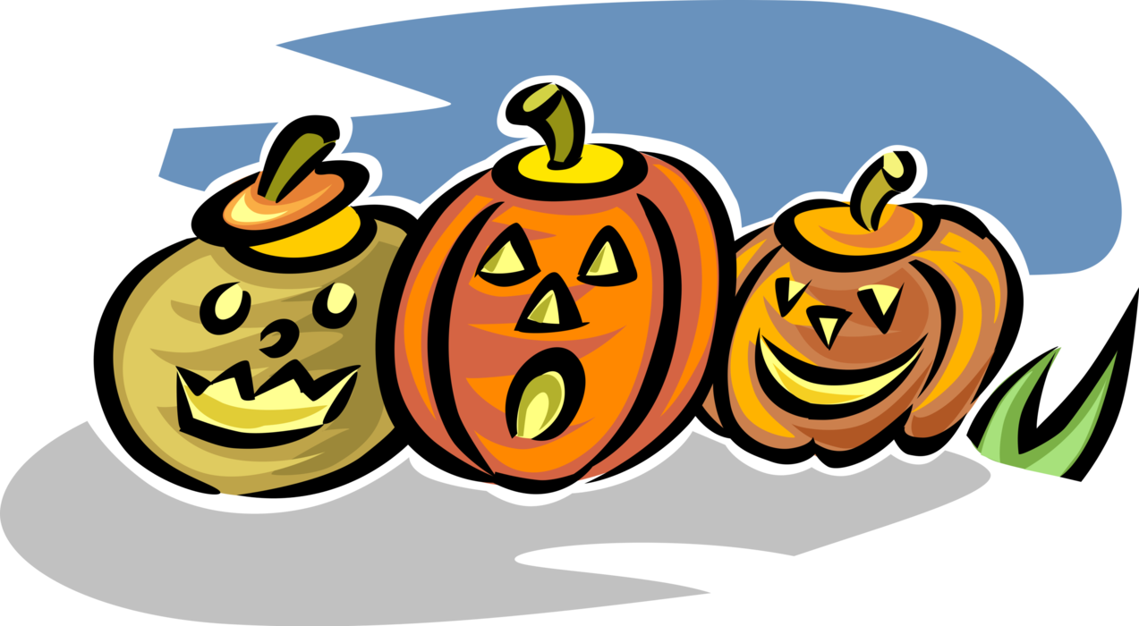 Vector Illustration of Three Halloween Carved Pumpkin Jack-o'-Lanterns