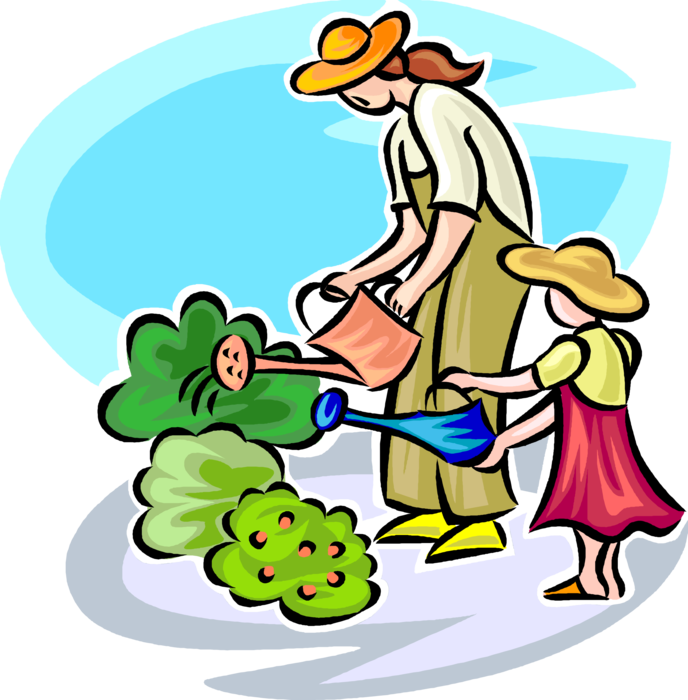 Vector Illustration of Mother Gardener with Daughter Water Garden Plants and Flowers with Watering Cans