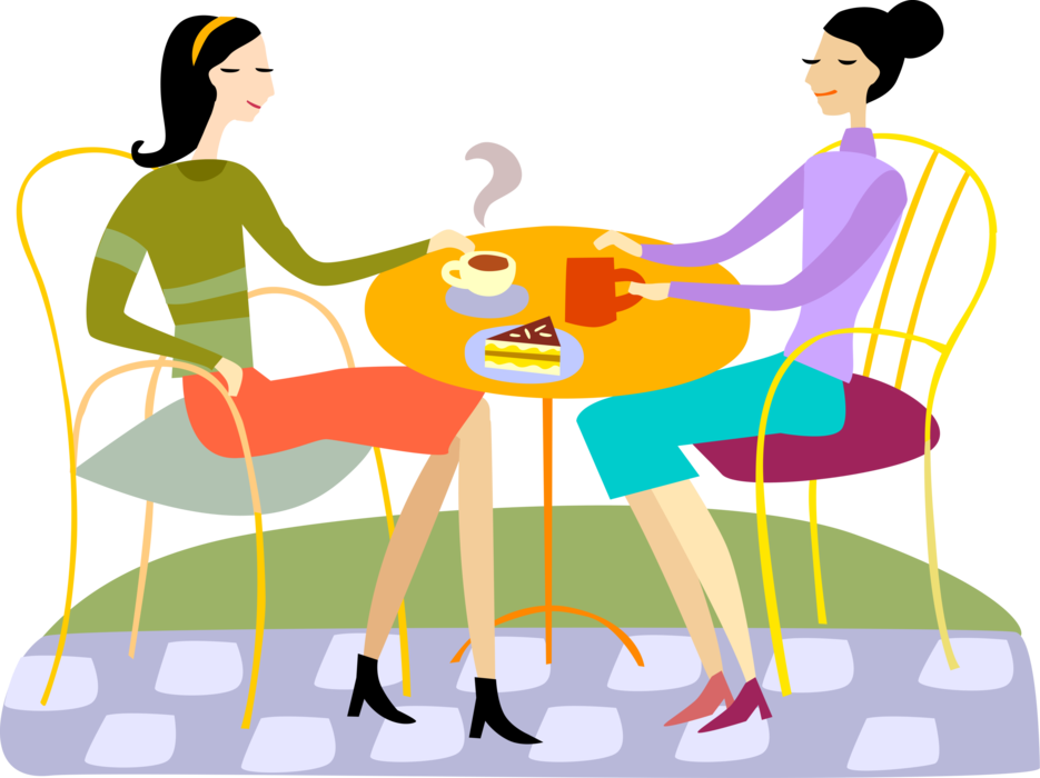 Vector Illustration of Best Friends Socialize Enjoying Conversation and Coffee at Outdoor Café Restaurant Table