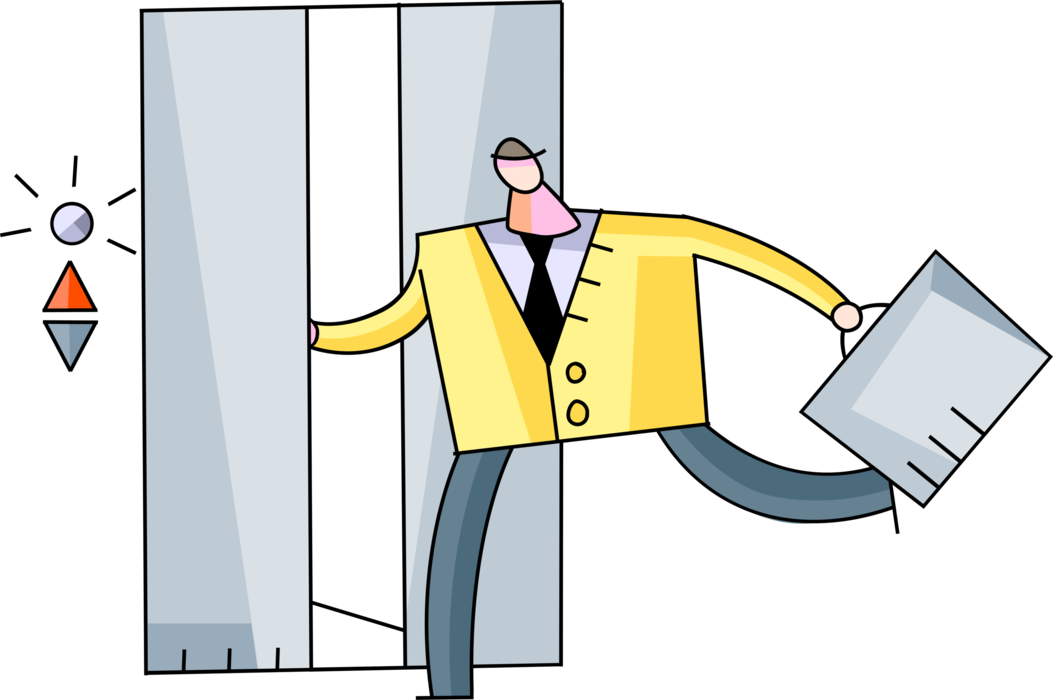 Vector Illustration of Businessman with Briefcase Runs to Catch Elevator in Office Tower Building
