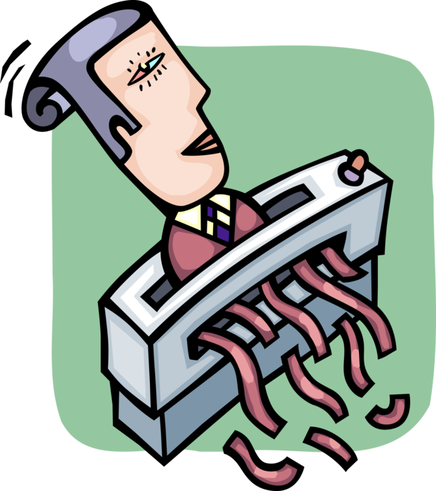 Vector Illustration of Corporate Restructure Shreds Redundant Businessman Employee in Office Paper Shredder