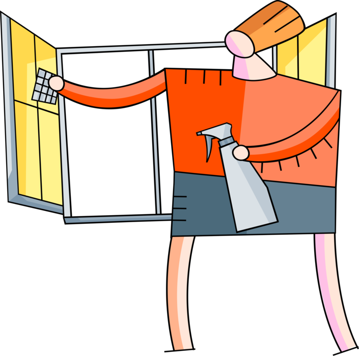 Vector Illustration of Housekeeping Cleaning Maid or Housemaid Cleans Windows with Spray Cleaner
