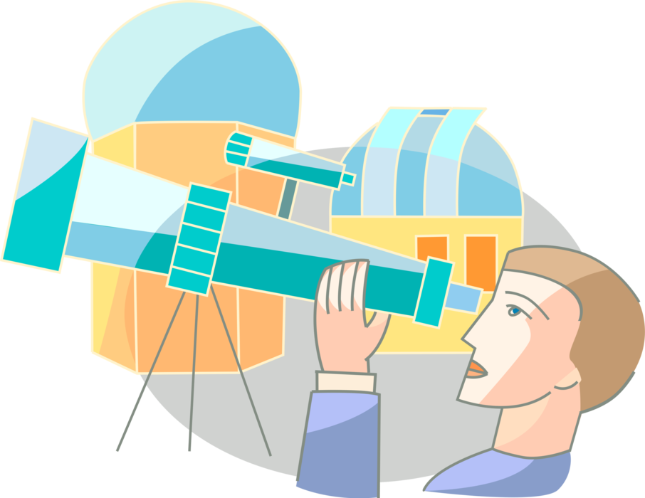 Vector Illustration of Astronomer Views the Known Universe Through Optical Telescope from Terrestrial Observatory