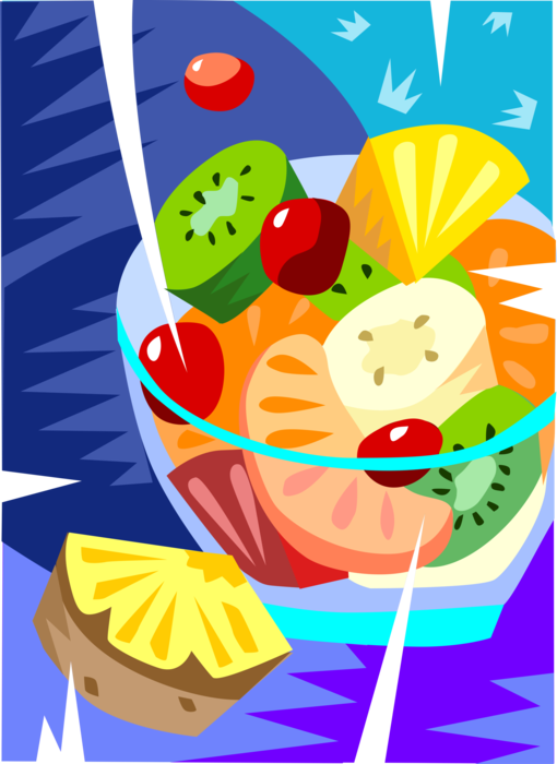Vector Illustration of Fresh Fruit Salad in Bowl with Pineapple, Kiwi, Oranges, Bananas, Cherries