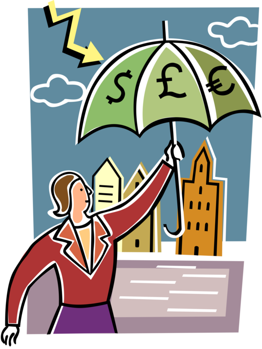Vector Illustration of Businesswoman with Umbrella Coverage Protection from International Currency Market Risks