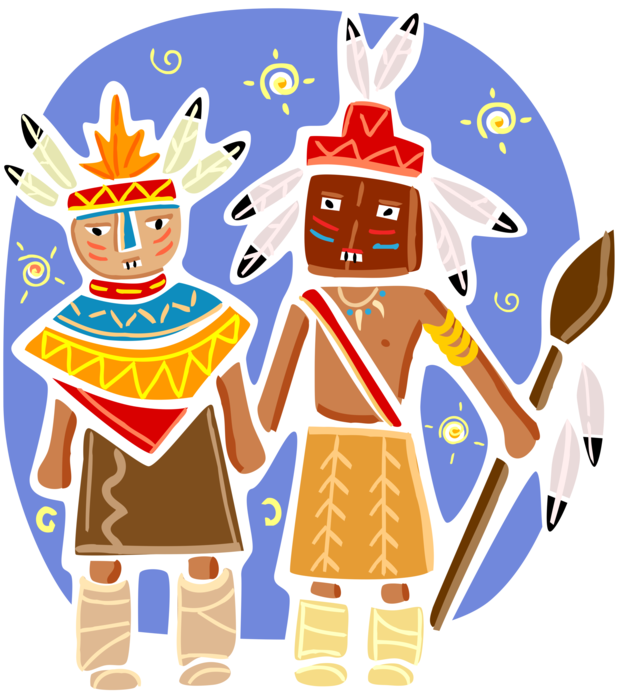 Vector Illustration of North American Indigenous Indians in Traditional Native Dress with Masks and Spear