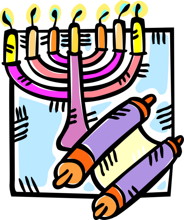 Vector Illustration of Hebrew Jewish Menorah Candelabrum Lampstand and Judaism Torah Parchment Scroll