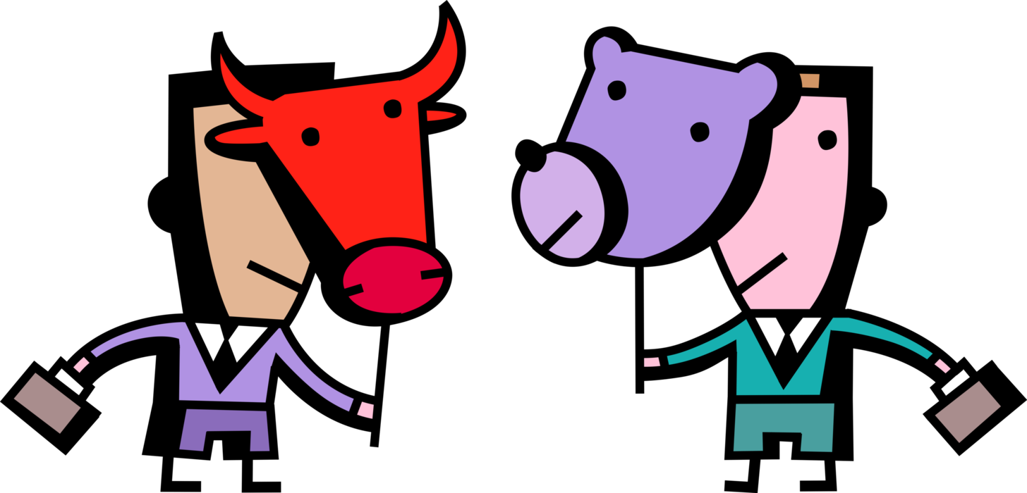 Vector Illustration of Financial Stock Market Bear and Bull Market Masks on Wall Street