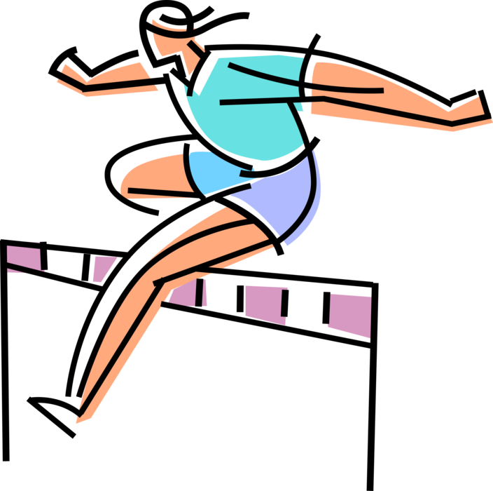 Vector Illustration of Track and Field Athletic Sport Contest Hurdler Jumps Hurdle in Competitive Track Meet Race
