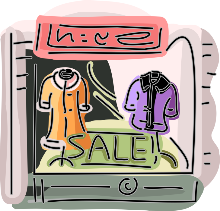 Vector Illustration of Retail Fashion Storefront Window with Clothing Garment Jackets for Discount Sale
