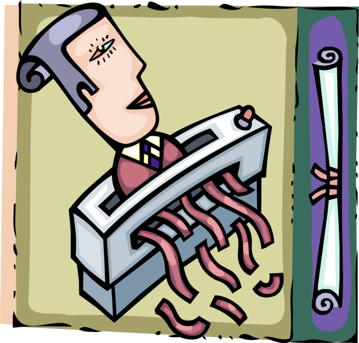 Vector Illustration of Corporate Restructure Shreds Redundant Businessman Employee in Office Paper Shredder