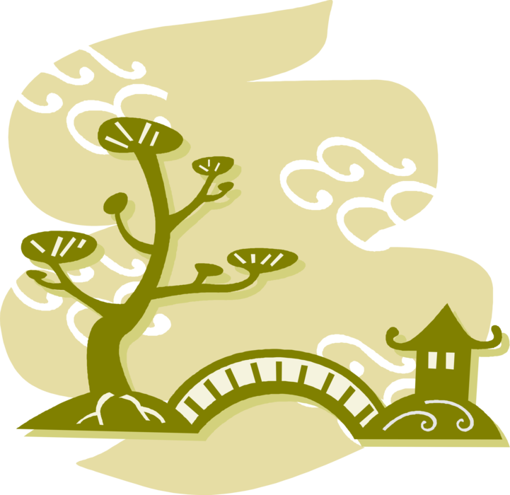 Vector Illustration of Bridge in Japan with Bonsai Tree and Oriental Building Structure