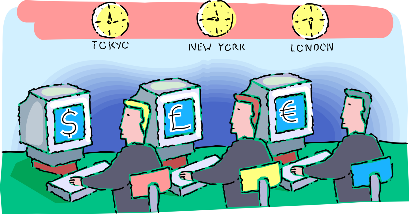 Vector Illustration of International Stockbrokers Trade Stocks on Stock Exchanges Around the World