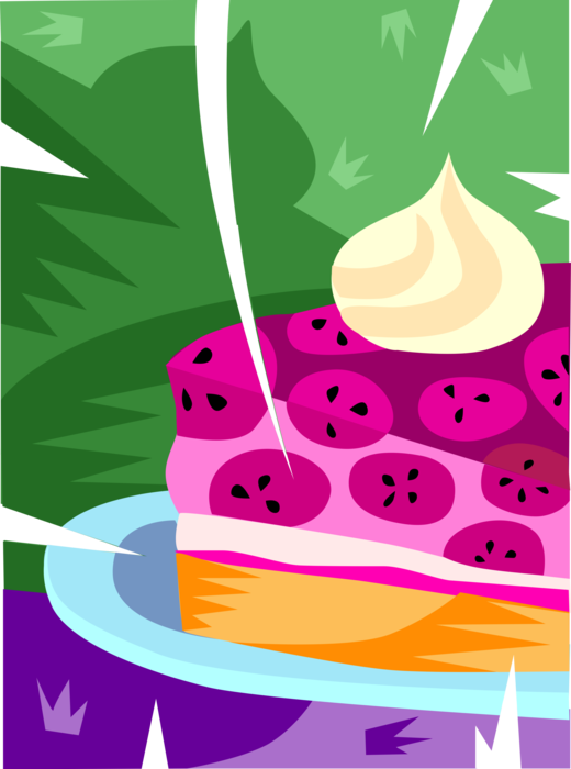 Vector Illustration of Slice of Sweet Dessert Baked Cake with Berries and Whipped Cream