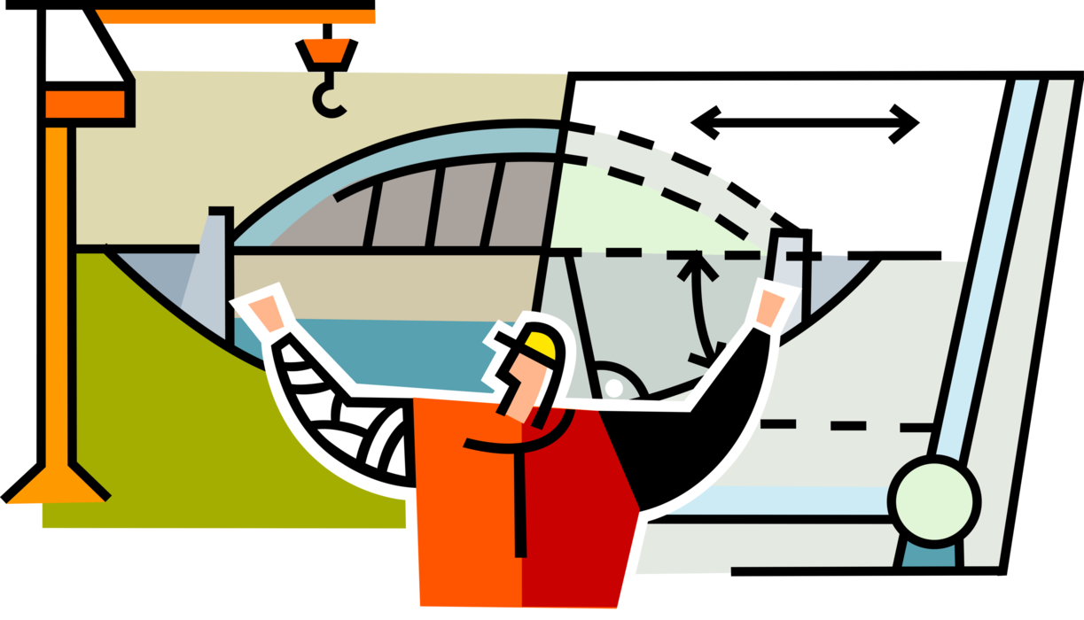 Vector Illustration of Construction Industry Engineer with Suspension Bridge Blueprint Plans and Crane Lifting Hook