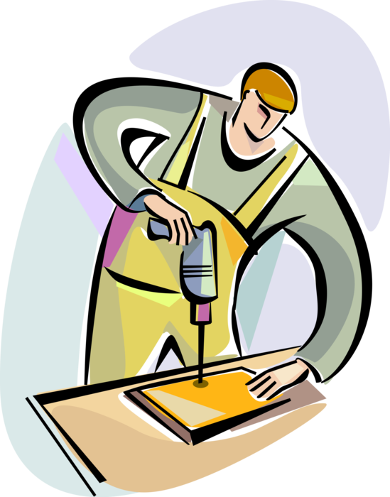 Vector Illustration of Carpentry and Woodworking Carpenter Works with Electric Drill