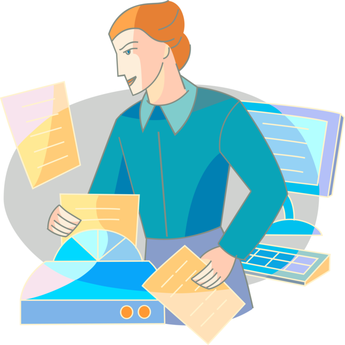 Vector Illustration of Businessman Prints Business Document with Office Computer at Desktop Computer Workstation