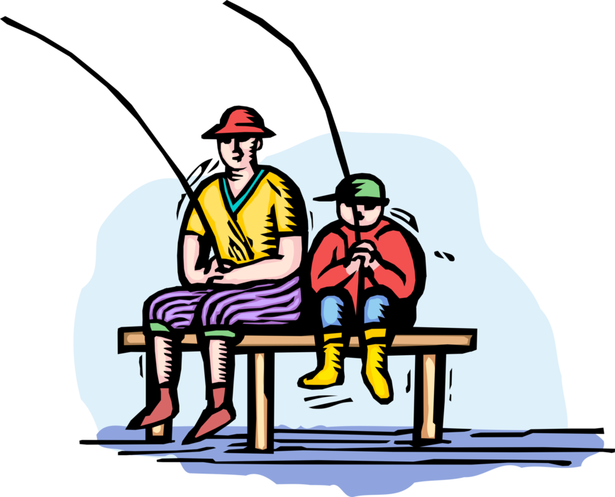 Vector Illustration of Father and Son Fish from Dock with Fishing Rod