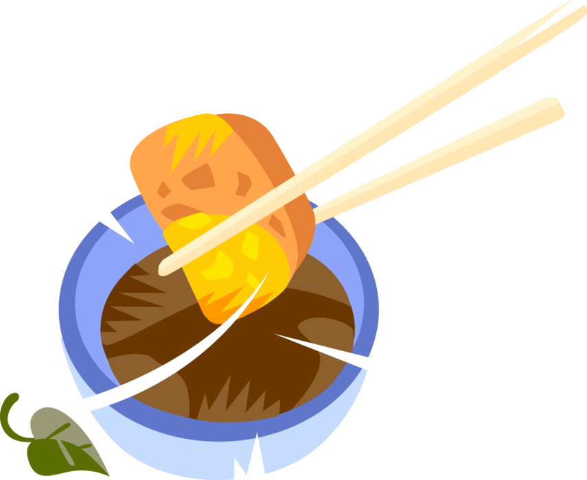 Vector Illustration of Chinese and Japanese Asian Tofu Bean Curd with Sweet Syrup and Chopsticks