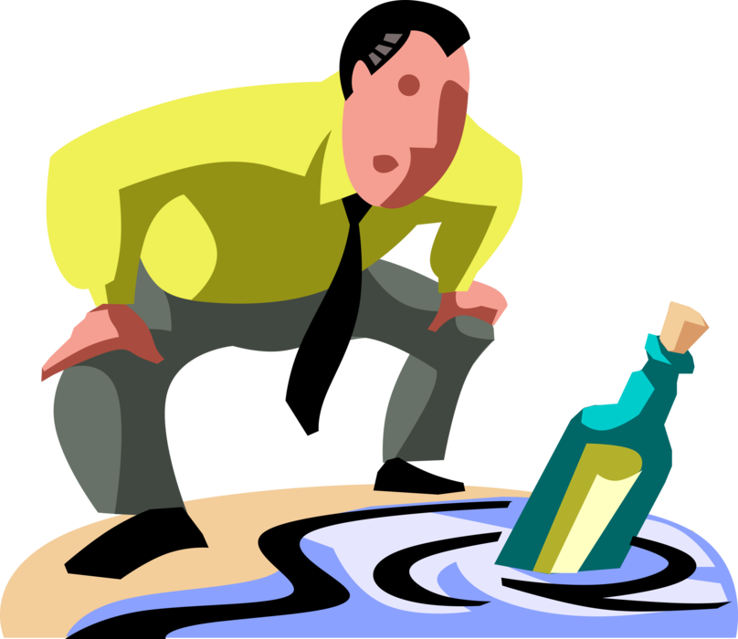 Vector Illustration of Businessman Discovers Message in Bottle Floating in Water