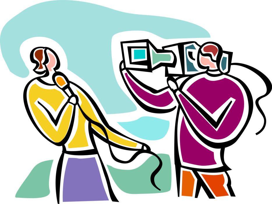 Vector Illustration of Television Reporter and Cameraman Deliver Live News Report with Microphone