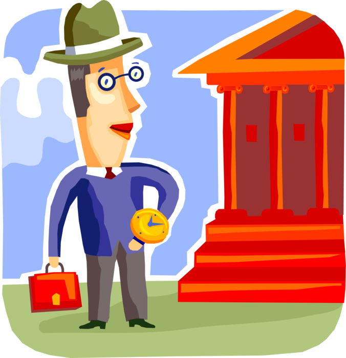 Vector Illustration of Businessman Checks Time at Financial Banking Institution Bank with Classical Greek Temple Columns