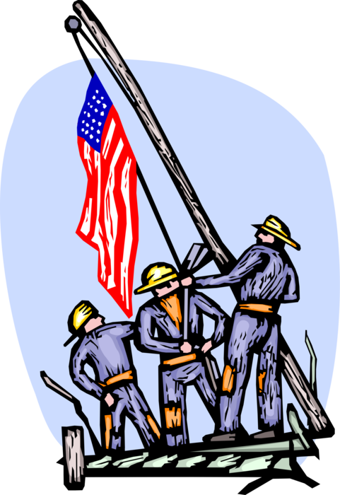 Vector Illustration of Fire and Rescue Firefighter Firemen Raise American Flag in Patriotic Show of Support for Victims