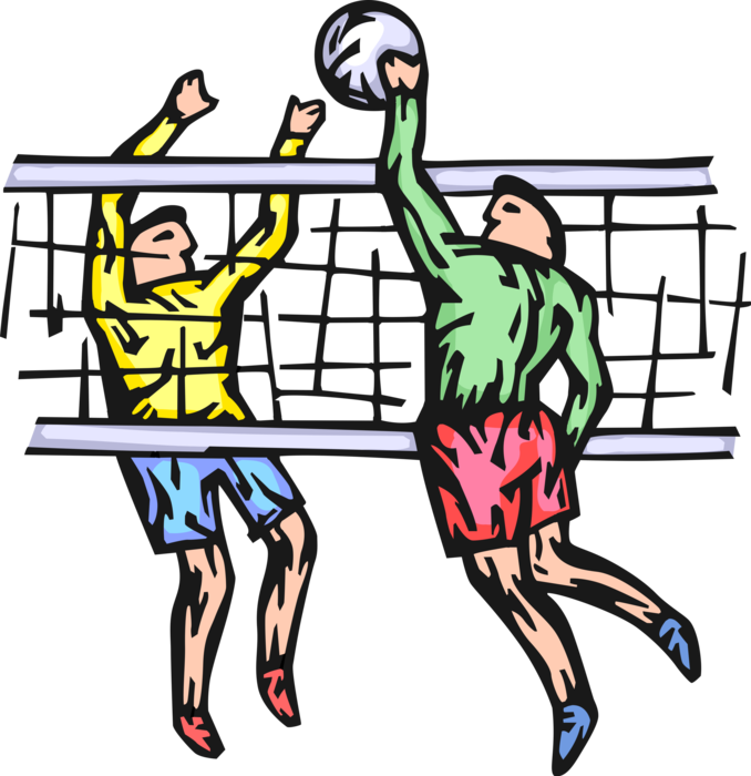 Vector Illustration of Sport of Beach Volleyball Players Spike Ball Over Net During Game