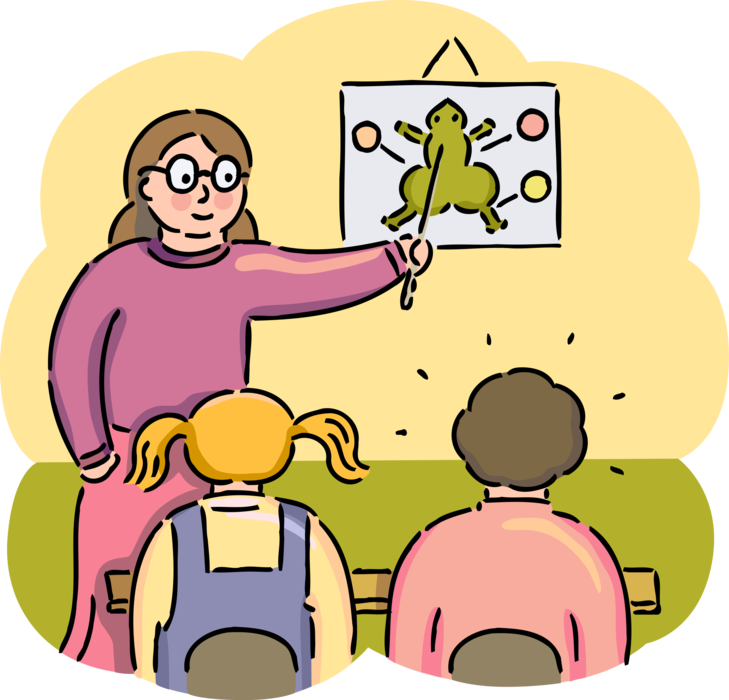 Vector Illustration of Students Listen to Biology Lesson with Teacher Teaching in School Classroom