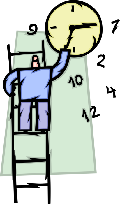 Vector Illustration of Businessman Climbs Ladder to Manipulate and Control Time Clock