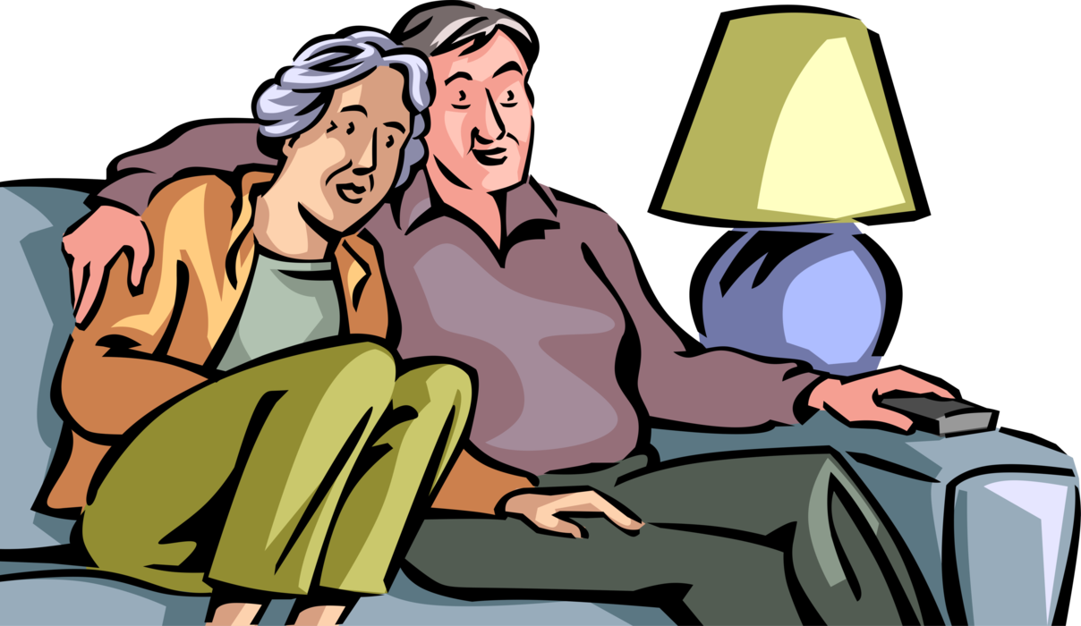Vector Illustration of Retired Elderly Senior Citizen Couple Enjoys Romantic Date Night at Home Watching Television