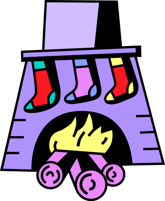 Vector Illustration of Festive Season Christmas Stockings Hung by Fireplace Hearth with Burning Wood Fire