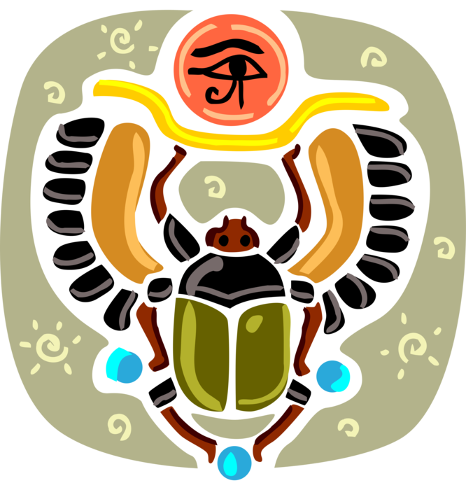 Vector Illustration of Ancient Egyptian Eye of Horus Symbol of Royal Power and Good Health with Scarab Insect Beetle with Wings