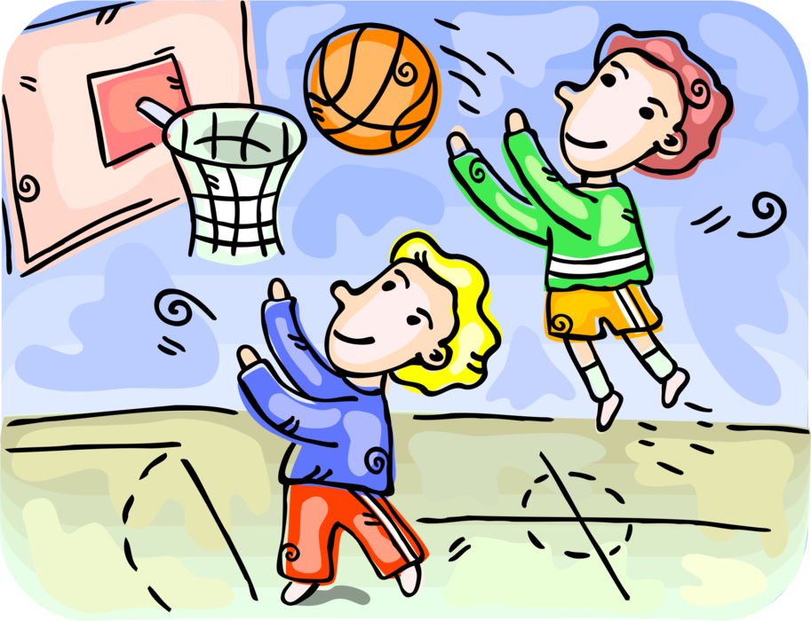 Vector Illustration of Sport of Basketball Game Player Makes Jump Shot with Ball at Net Hoop on Court