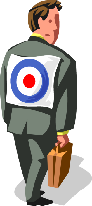 Vector Illustration of Bullied, Browbeaten, Persecuted Businessman with Bullseye or Bull's-Eye Target on Back