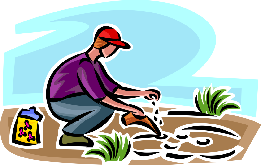 Vector Illustration of Gardener Plants Flower Seeds in Garden