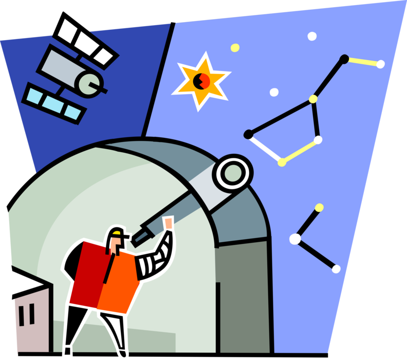 Vector Illustration of Astronomer Views the Known Universe and Stars and Constellations Through Telescope