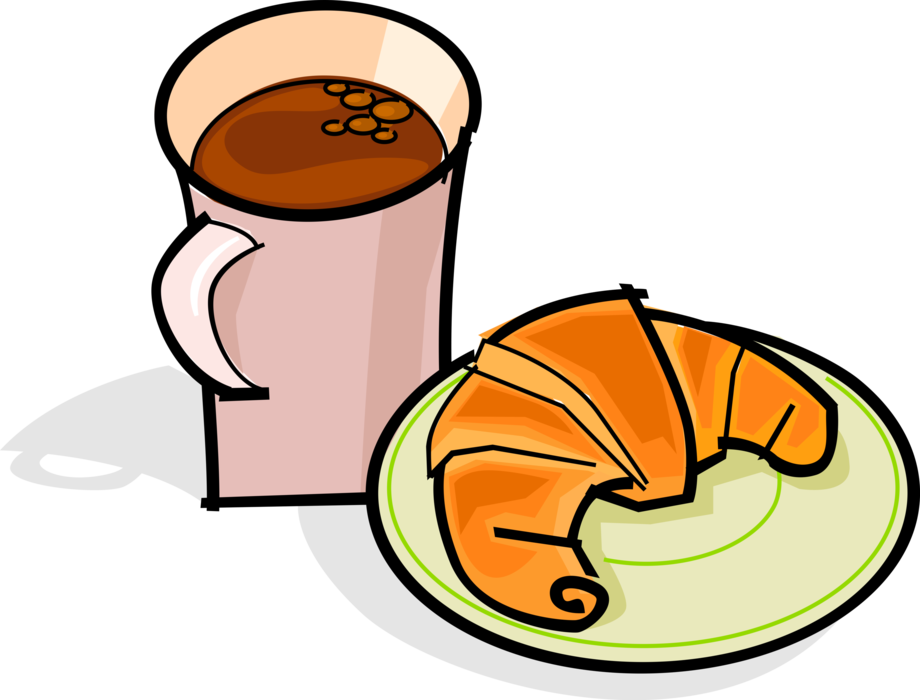 Vector Illustration of Cup of Coffee and Freshly Baked Flaky, Viennoiserie-Pastry Croissant