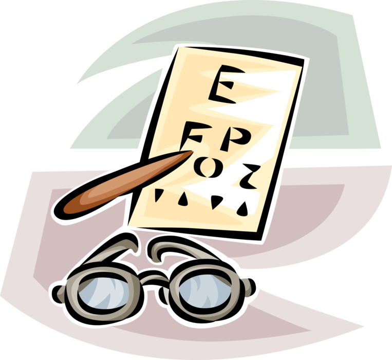 Vector Illustration of Optometry Eye Examination Chart at Optometrist's Office and Eyeglasses