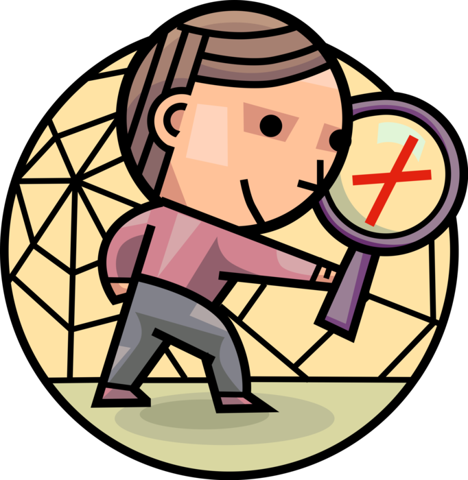 Vector Illustration of Man with Magnification Through Convex Lens Magnifying Glass Investigates Spider Web