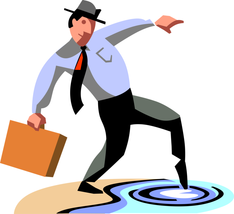 Vector Illustration of Businessman Dips Toe to Test the Water to Determine Likelihood of Venture's Success