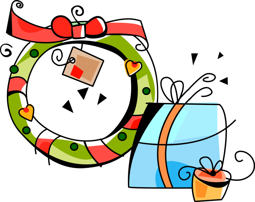 Vector Illustration of Festive Season Christmas Wreath Decoration with Ribbon Bow and Gift Wrapped Presents