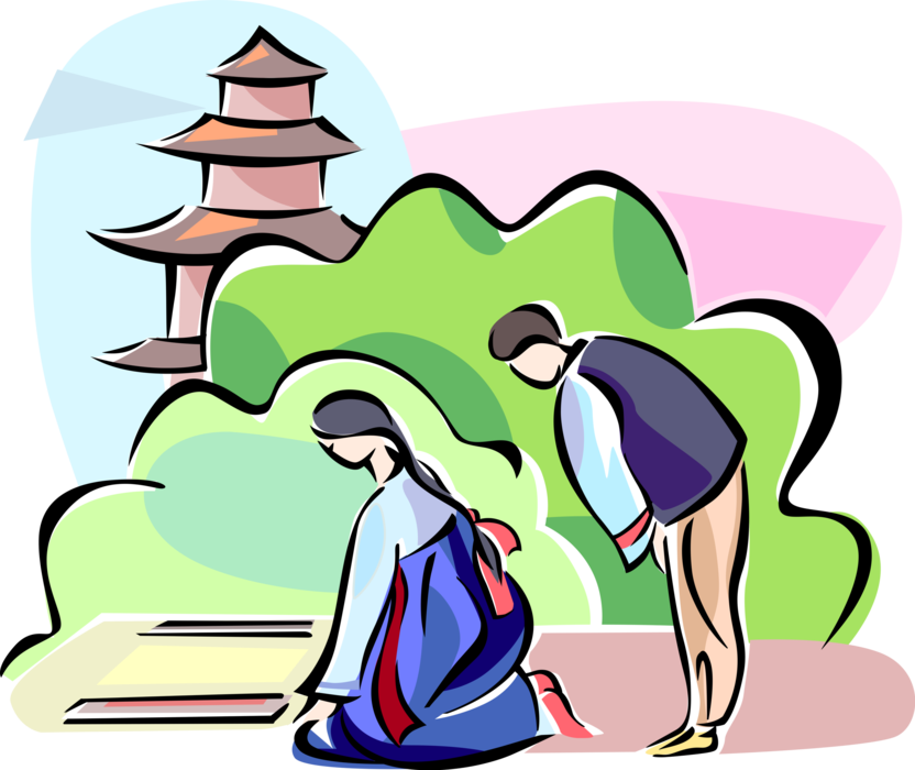 Vector Illustration of Ch'Usok, South Korean Harvest Day, Worship at Cemetery Grave 