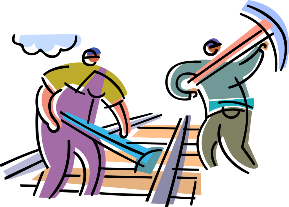 Vector Illustration of Railway Construction Workers Build Train Tracks Rails with Pick Axe Tool