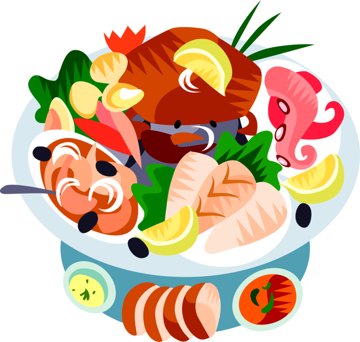 Vector Illustration of European Cuisine Seafood Platter with Lobster and Mussels