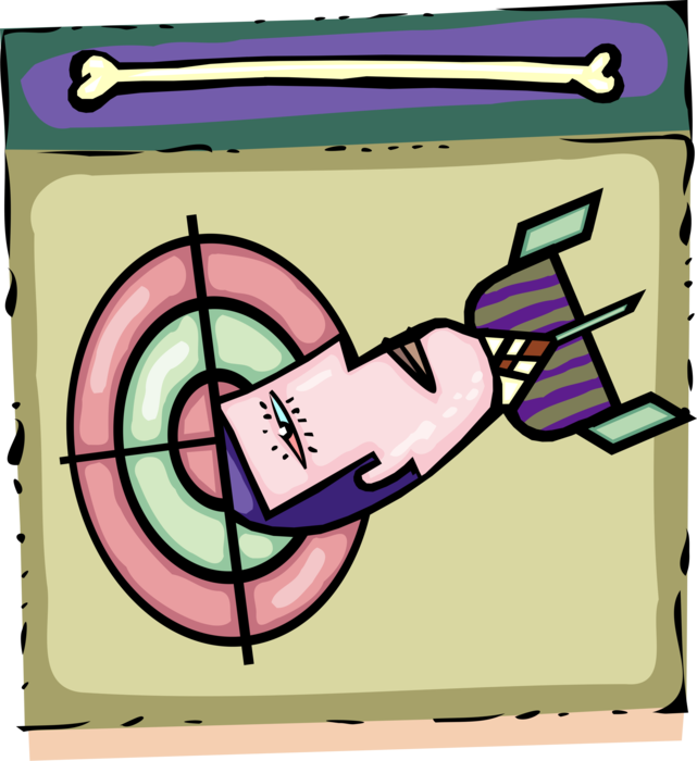 Vector Illustration of Businessman Dart Hits Bullseye or Bull's-Eye Targets on Dartboard