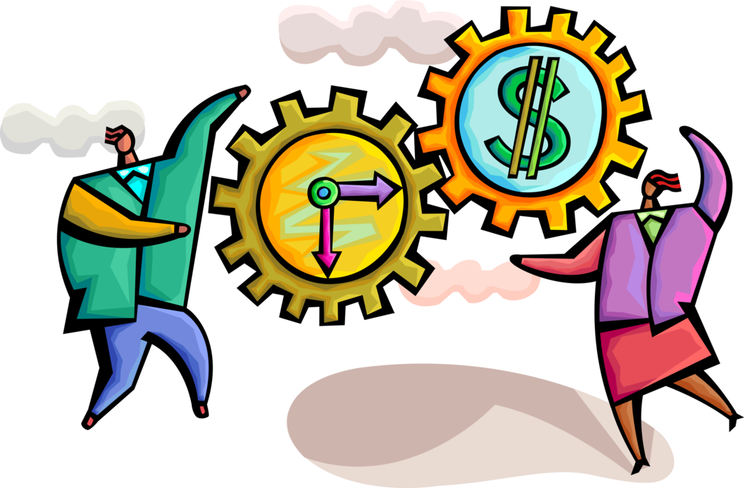 Vector Illustration of Business Associates with Time and Money Industrial Cogwheel Gears Wasted Time Means Wasted Money